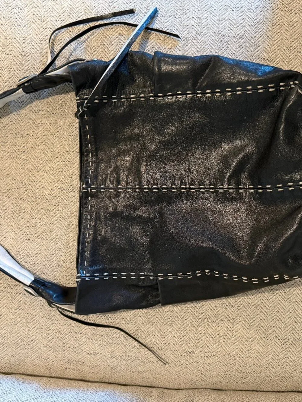 Francesco Biasia Black Leather Hobo Bag Slouchy Shoulder Bag Contrast Stitch